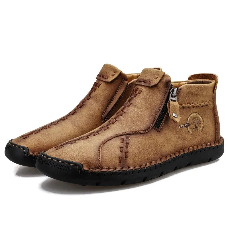 Men's Vintage Hand Sewing Microfiber Leather Side Zipper Ankle Boots