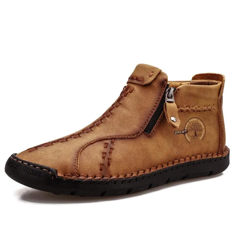 Men's Vintage Hand Sewing Microfiber Leather Side Zipper Ankle Boots